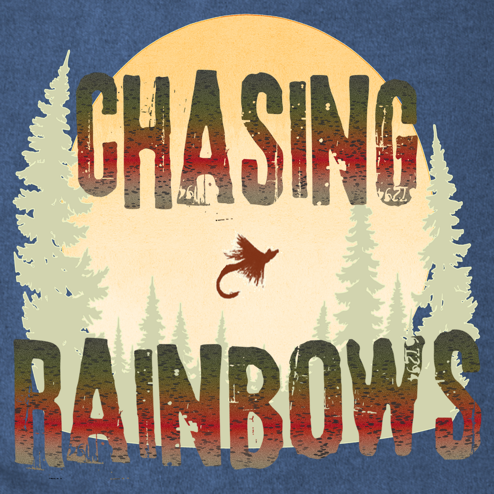 Back view closeup of “Chasing Rainbows” rainbow trout design variation (art preview).