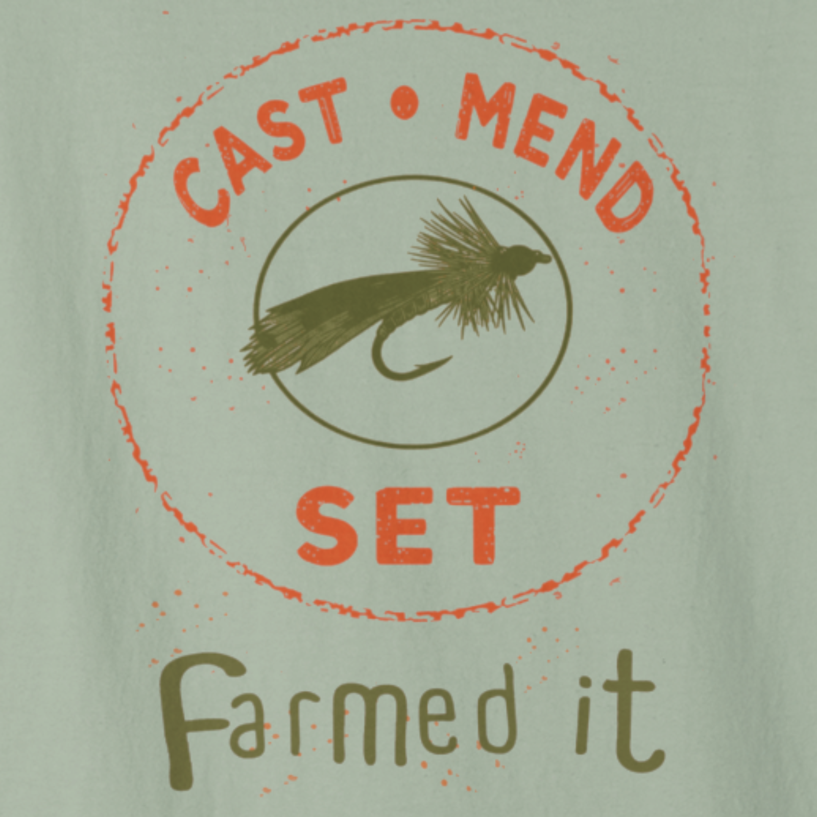 Close-up of the “Cast • Mend • Set — Farmed it” retro fishing badge graphic with a fish illustration in the center.