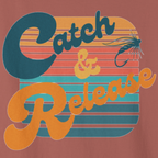 Close-up artwork preview of “Catch & Release” retro typography with sunset stripes.