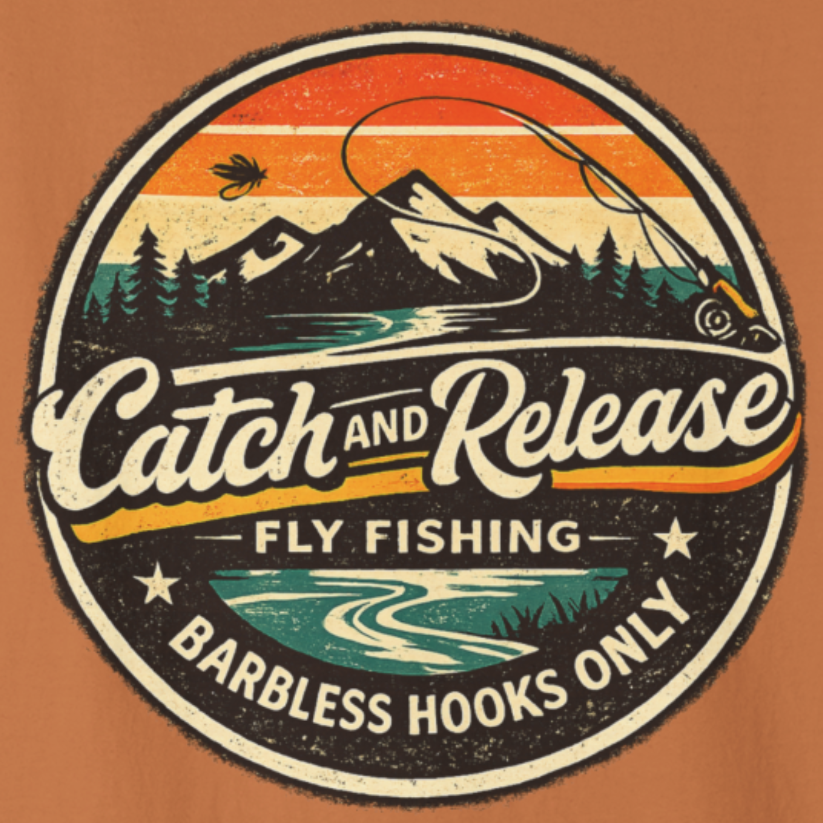 Artwork preview of the “Catch & Release” fly fishing badge with mountain sunset scene and “Barbless hooks only” text.