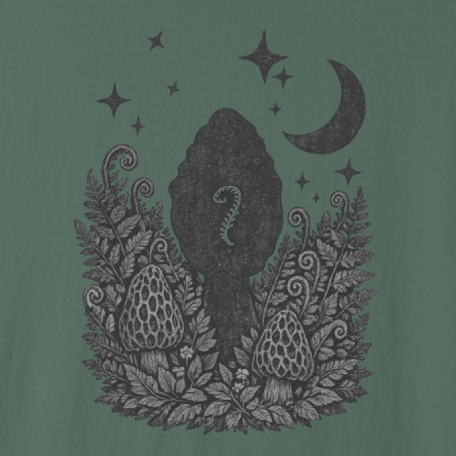 Artwork preview of the “Mystic Garden” illustration featuring a crescent moon, stars, and fern curl with forest botanicals.