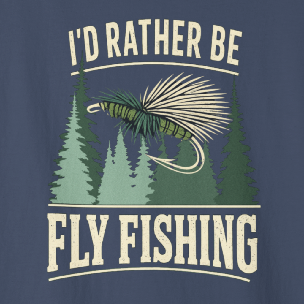 Graphic artwork preview of “I’d Rather Be Fly Fishing” design with trees and a fly fishing scene.