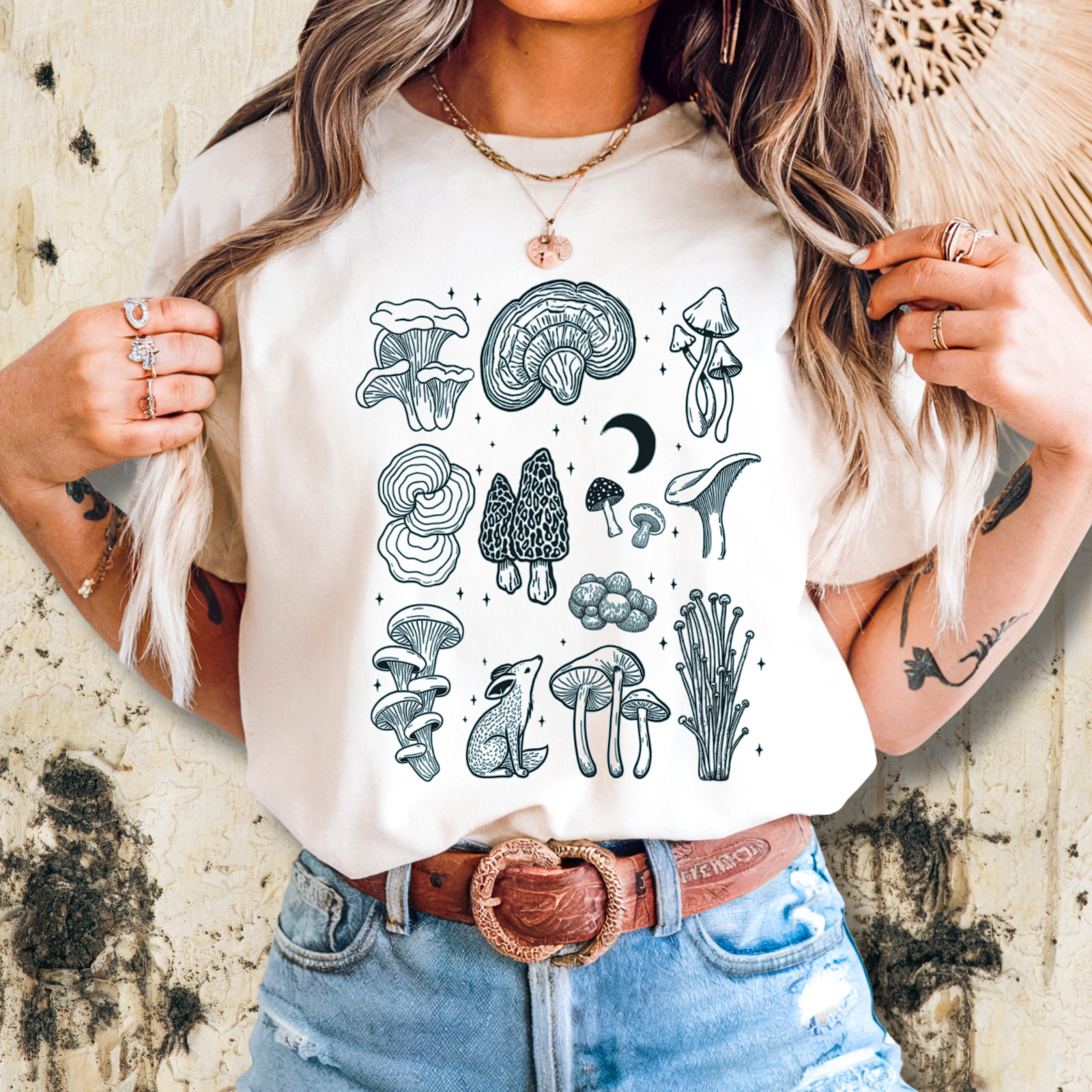 Woman wearing vintage mushroom and fox graphic tee from Juniper Summer
