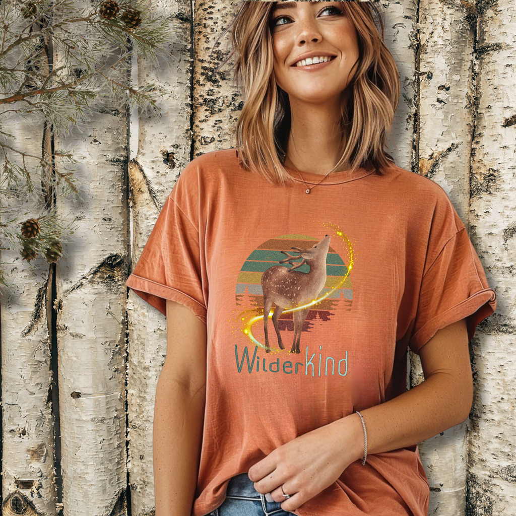 Woman wearing WilderKind deer and forest sunset graphic t-shirt