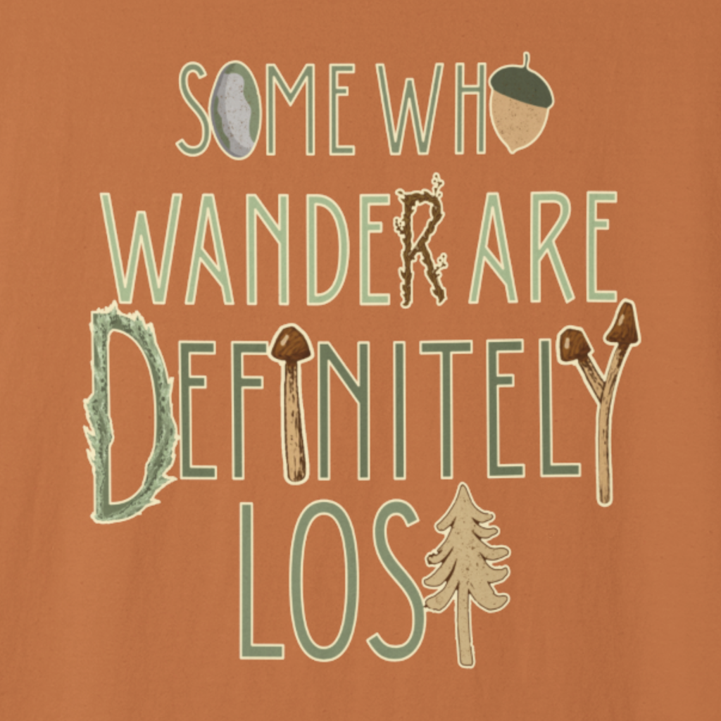 Close-up artwork preview of the “Some Who Wander Are Definitely Lost” rustic adventure typography.
