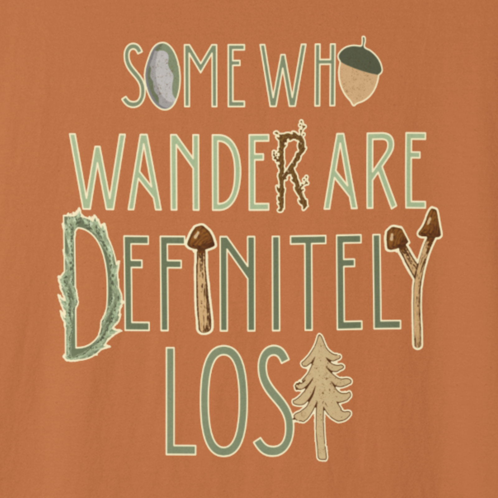 Close-up artwork preview of the “Some Who Wander Are Definitely Lost” rustic adventure typography.