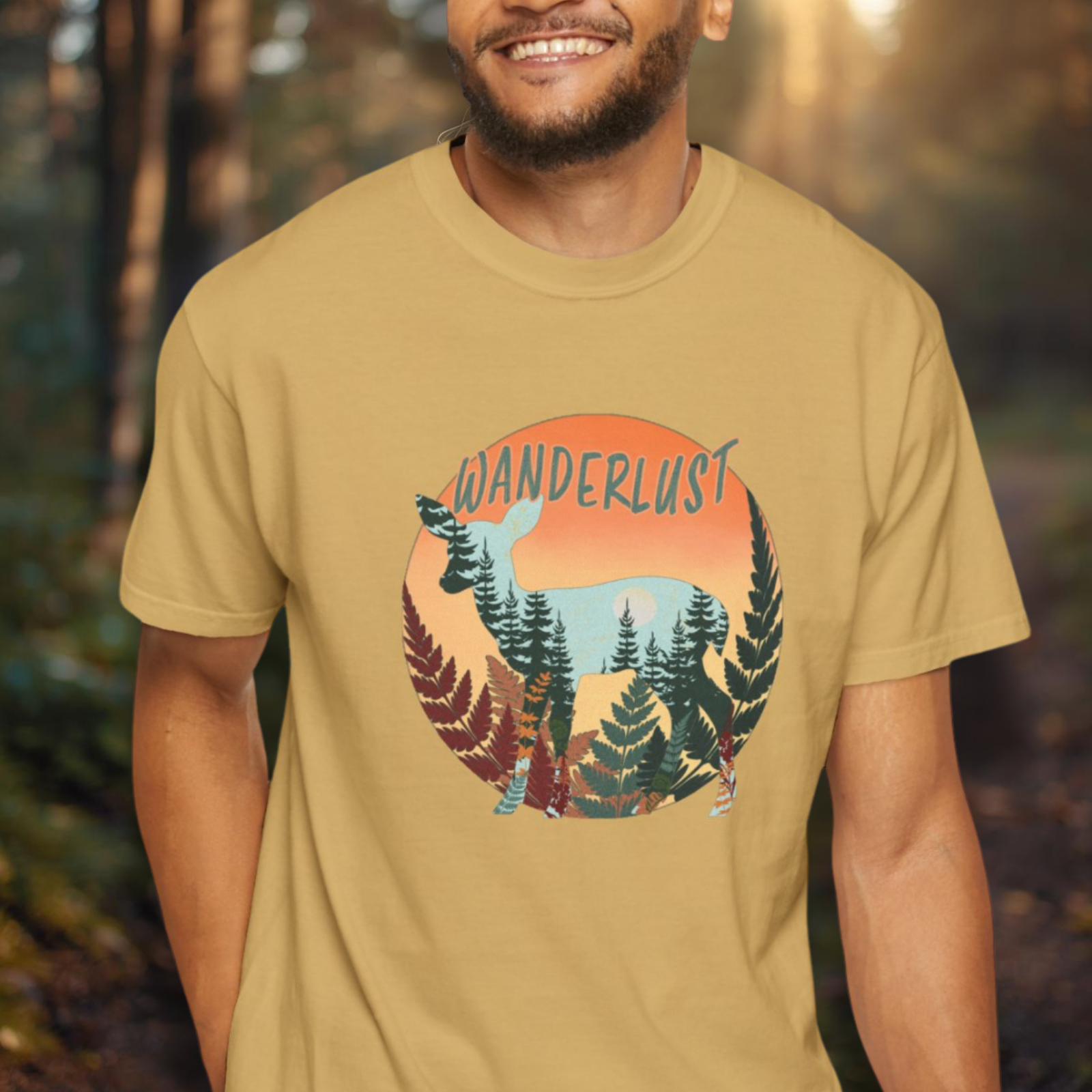 Traveler wearing Wanderlust forest vintage sunset t-shirt.