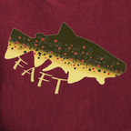 Close-up of vintage brown trout back print FAFT graphic