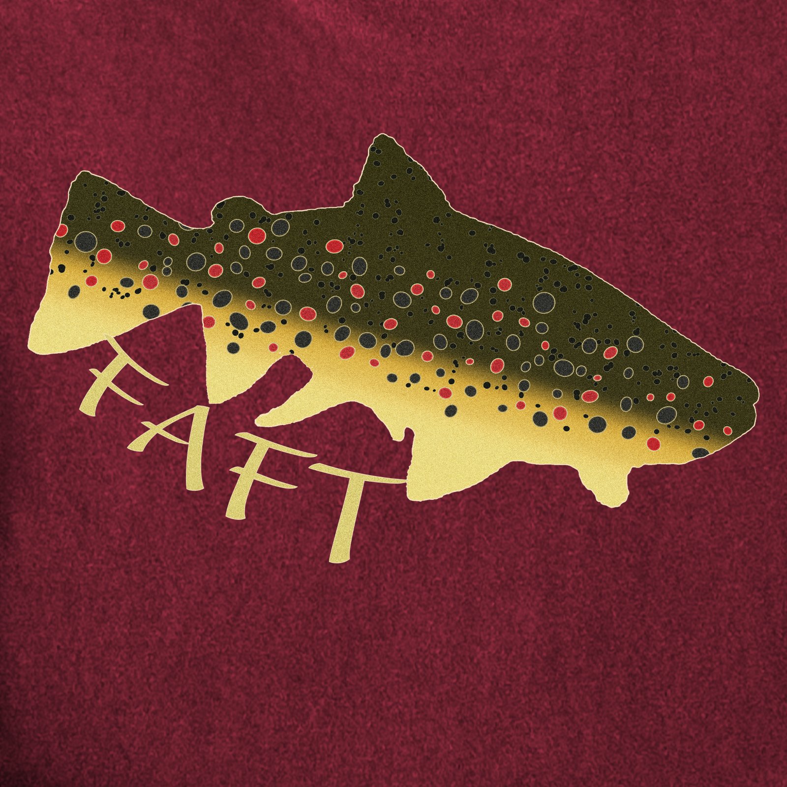 Close-up of vintage brown trout back print FAFT graphic