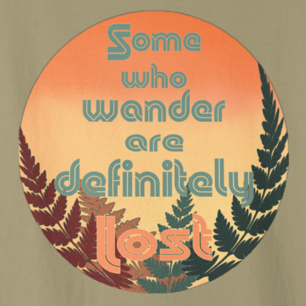 Close-up artwork preview of the sunset circle with fern silhouettes and “Some who wander are definitely…” text.