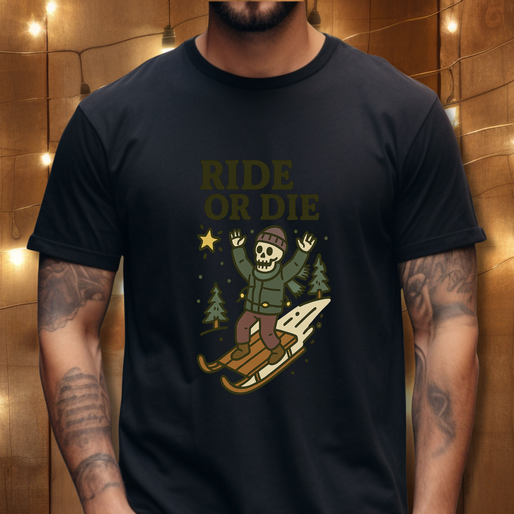 Ride or Die Skeleton Sledding T-Shirt — Vintage Winter Snow Sled Tee