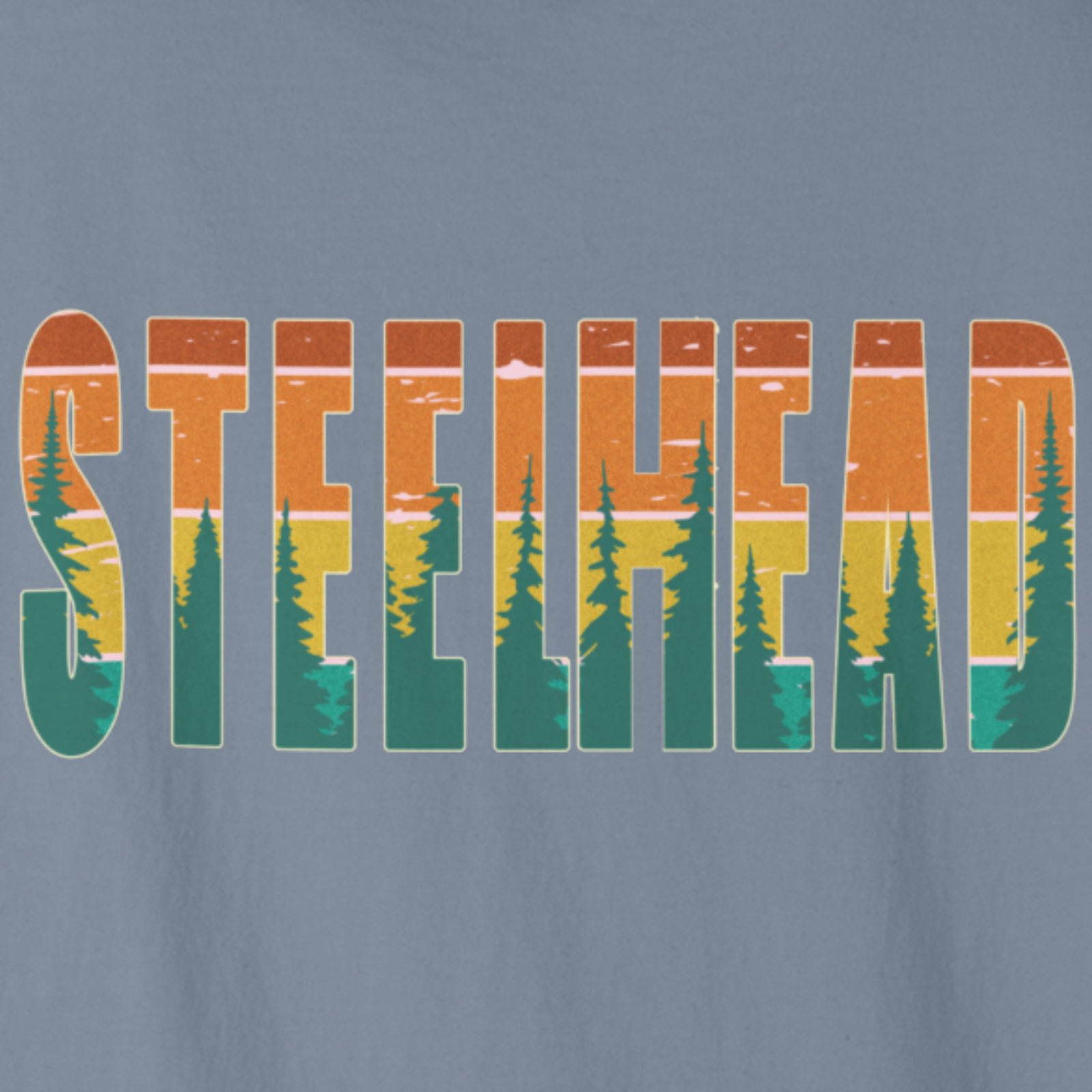 Artwork preview of “STEELHEAD” lettering in layered sunset colors with vintage distress.