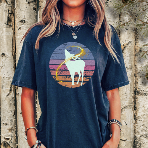Hiker wearing stag silhouette retro sunset nature tee.