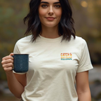 Woman wearing white tee showing the small left-chest “Catch & Release” emblem.