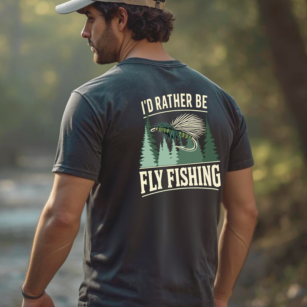 Lifestyle photo of a person wearing a dark fly fishing tee outdoors, relaxed fit.