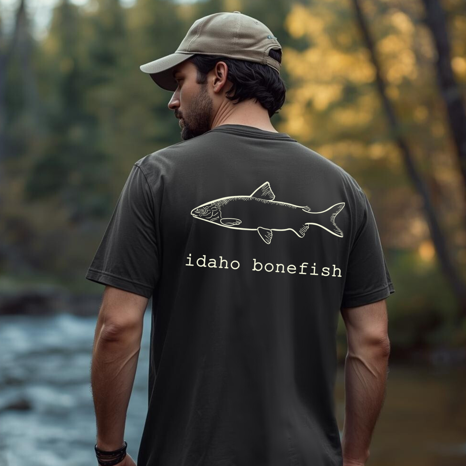 Fly fisher wearing 'Idaho Bonefish' hand drawn river whitefish sketch graphic t-shirt near water.