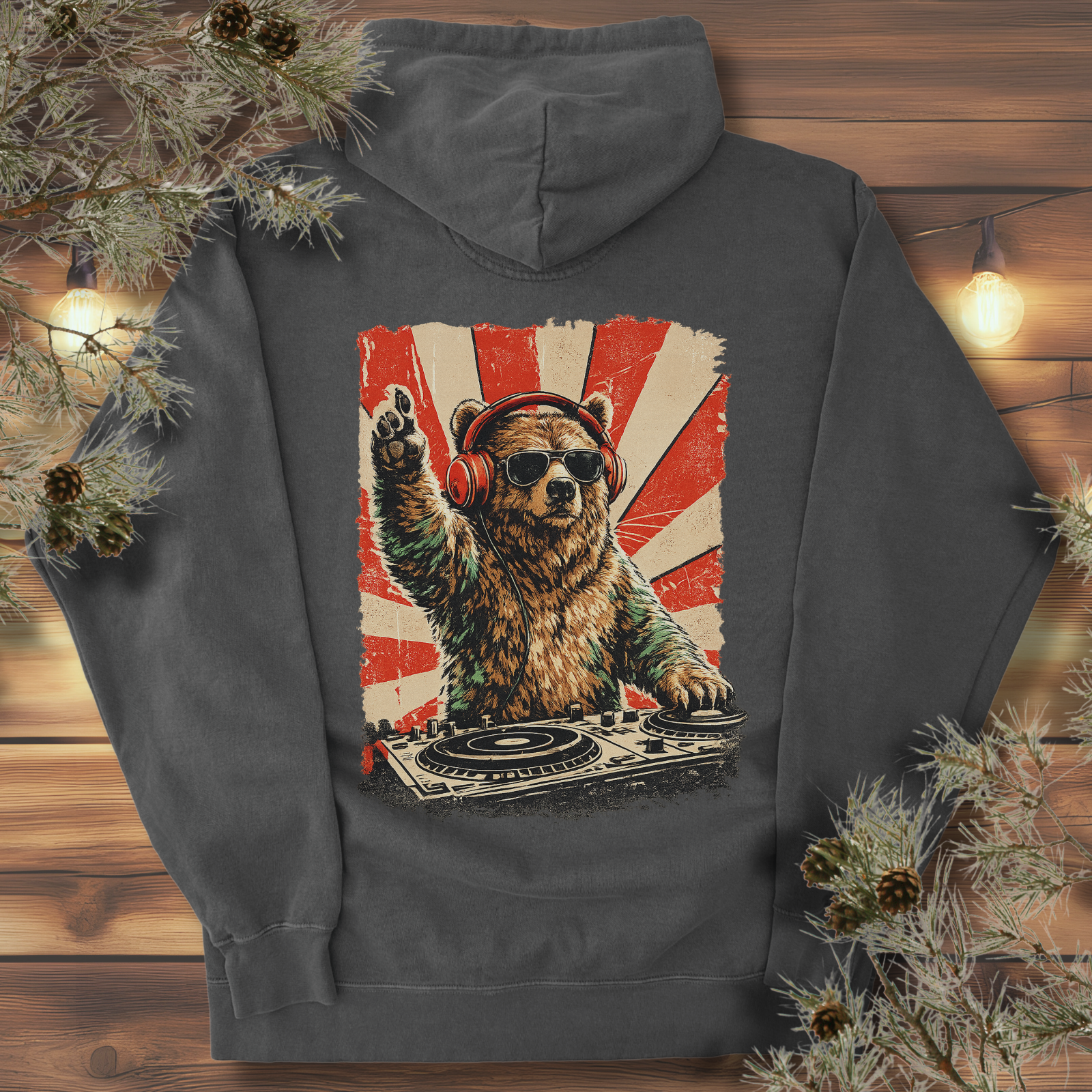 Pepper pullover hoodie with retro bear DJ graphic and red sunburst rays on back
