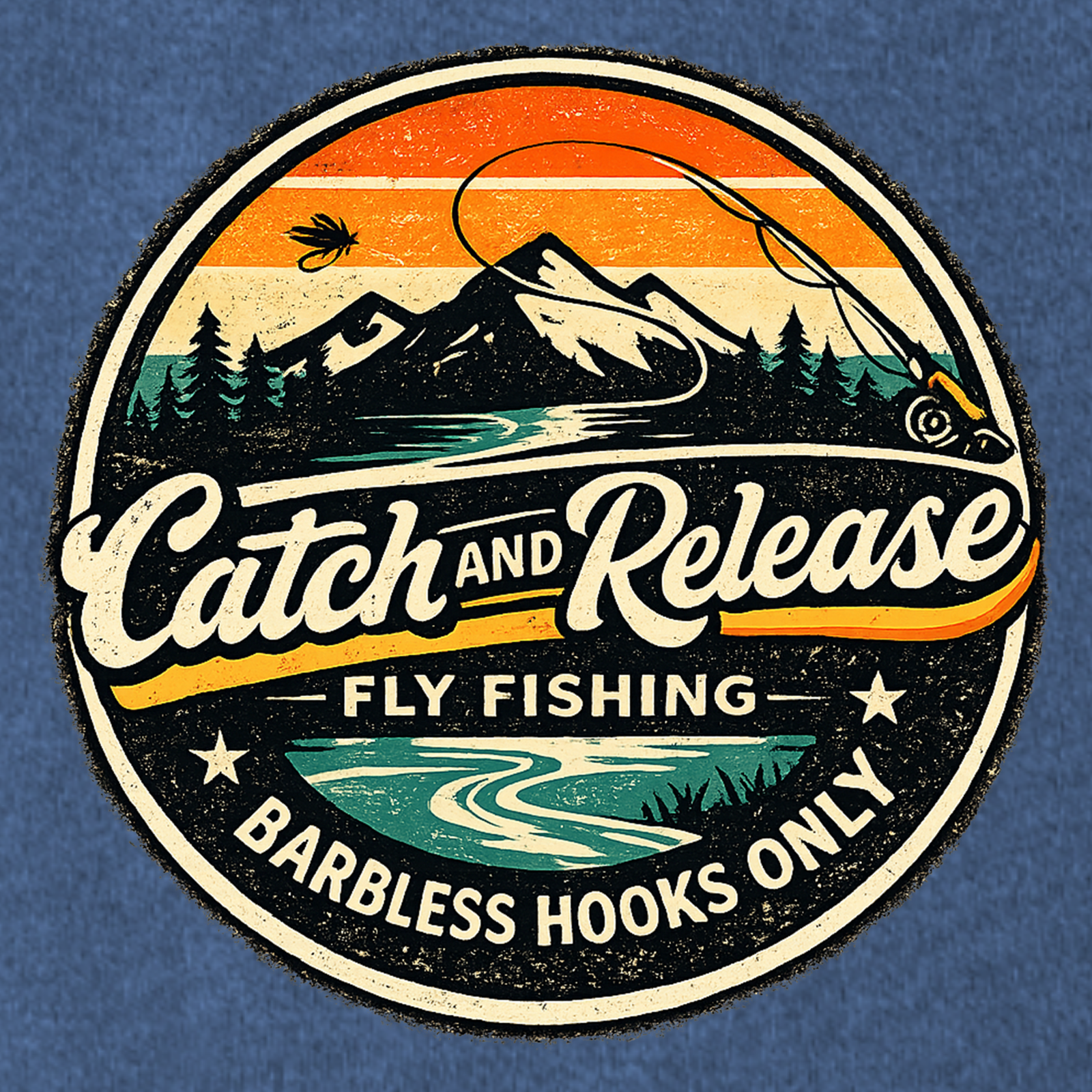 Artwork preview of circular “Catch & Release” badge with mountains, sunset, “Fly Fishing,” and “Barbless hooks only.”