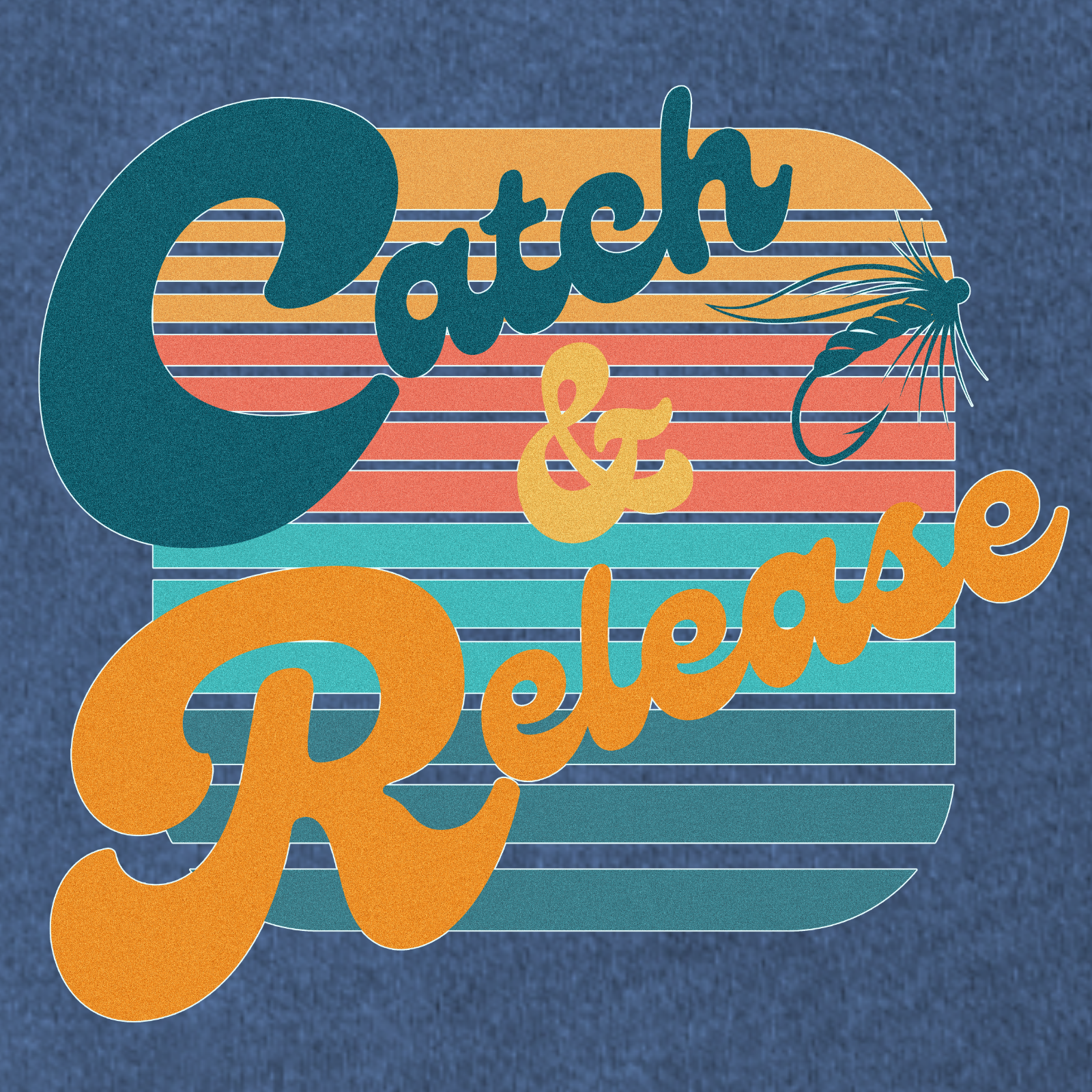 Close-up artwork preview of the “Catch & Release” retro typography with sunset stripes.