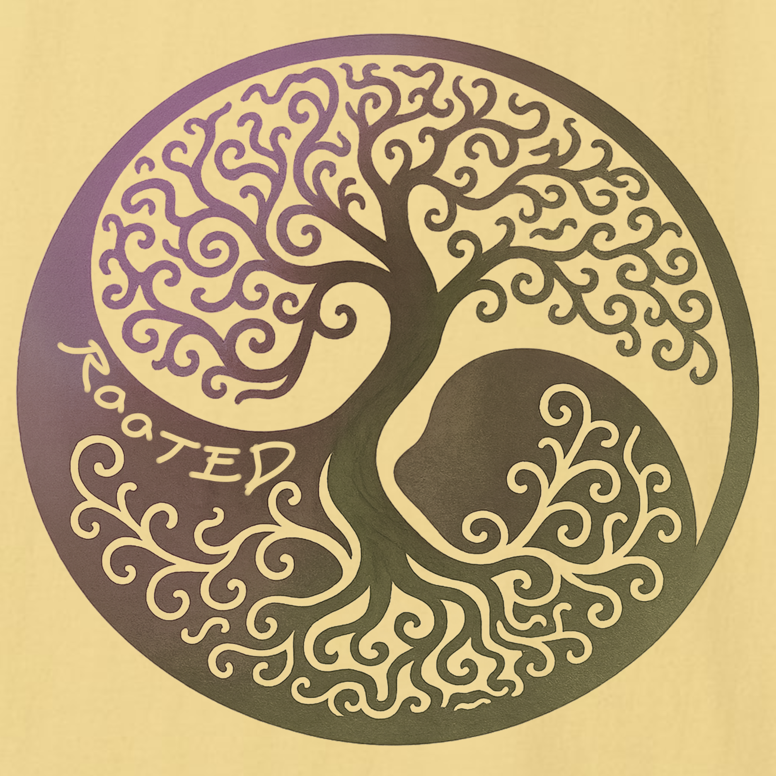 Close-up of rooted yin yang tree graphic