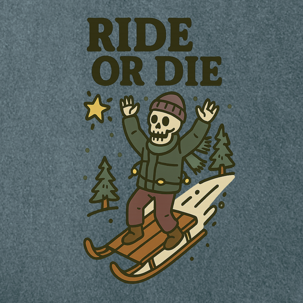 Ride or Die Skeleton Sledding Crew T-Shirt — Vintage Family Snow Day Tee
