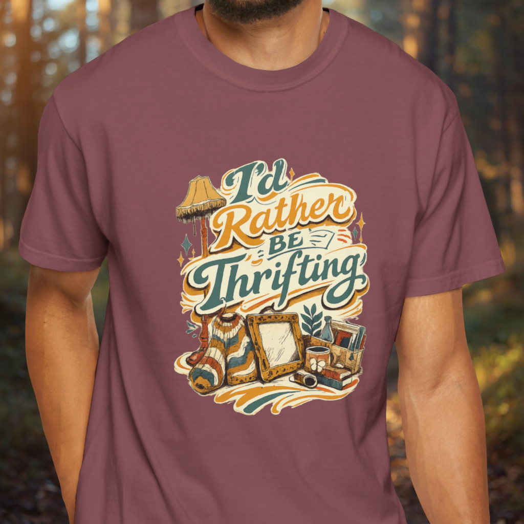 Berry t-shirt with 'I'd Rather Be Thrifting' graphic design.