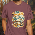 Berry t-shirt with 'I'd Rather Be Thrifting' graphic design.