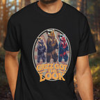 Black t-shirt with bear graphic and 'Grizz Got the Look' text worn by a person in a forest setting.