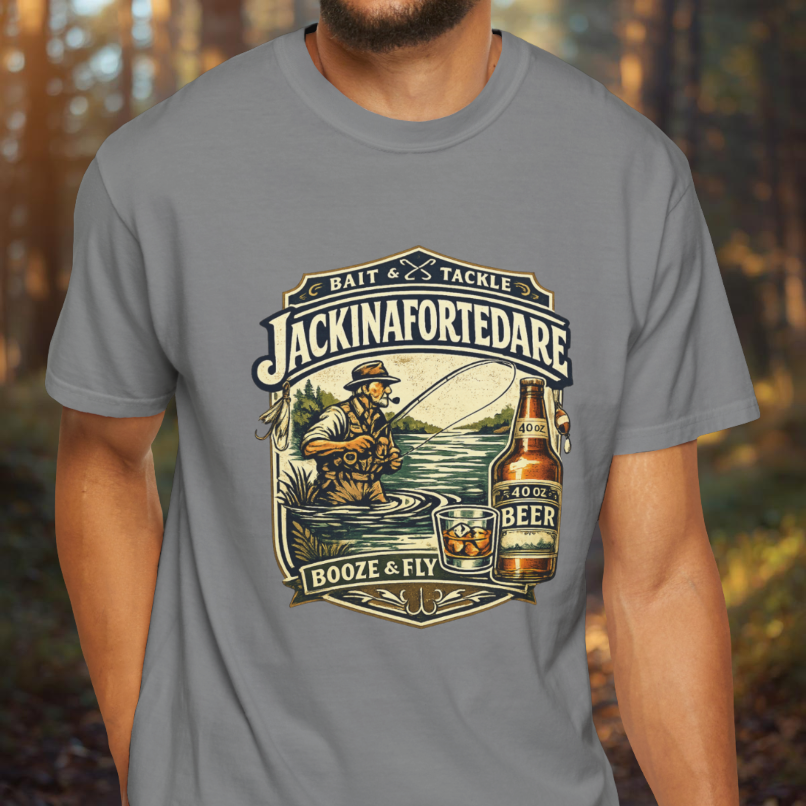 Gray t-shirt with 'Jackinafortedare' graphic design featuring a fisherman and beer bottle.