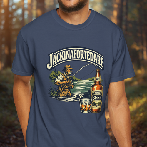 Person wearing a blue t-shirt with 'Jackinafortedare' graphic design featuring a fisherman and beer bottle.