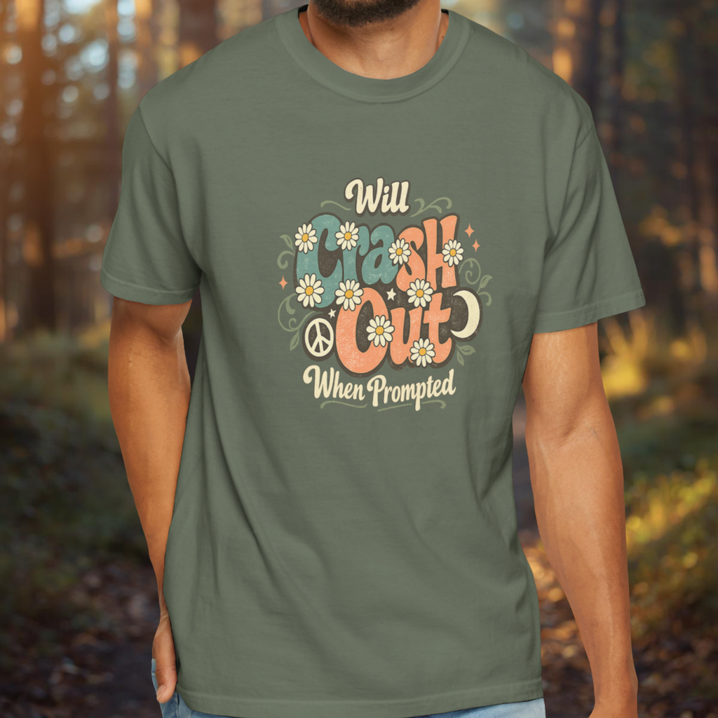 Person wearing a green t-shirt with a printed design in a forest setting