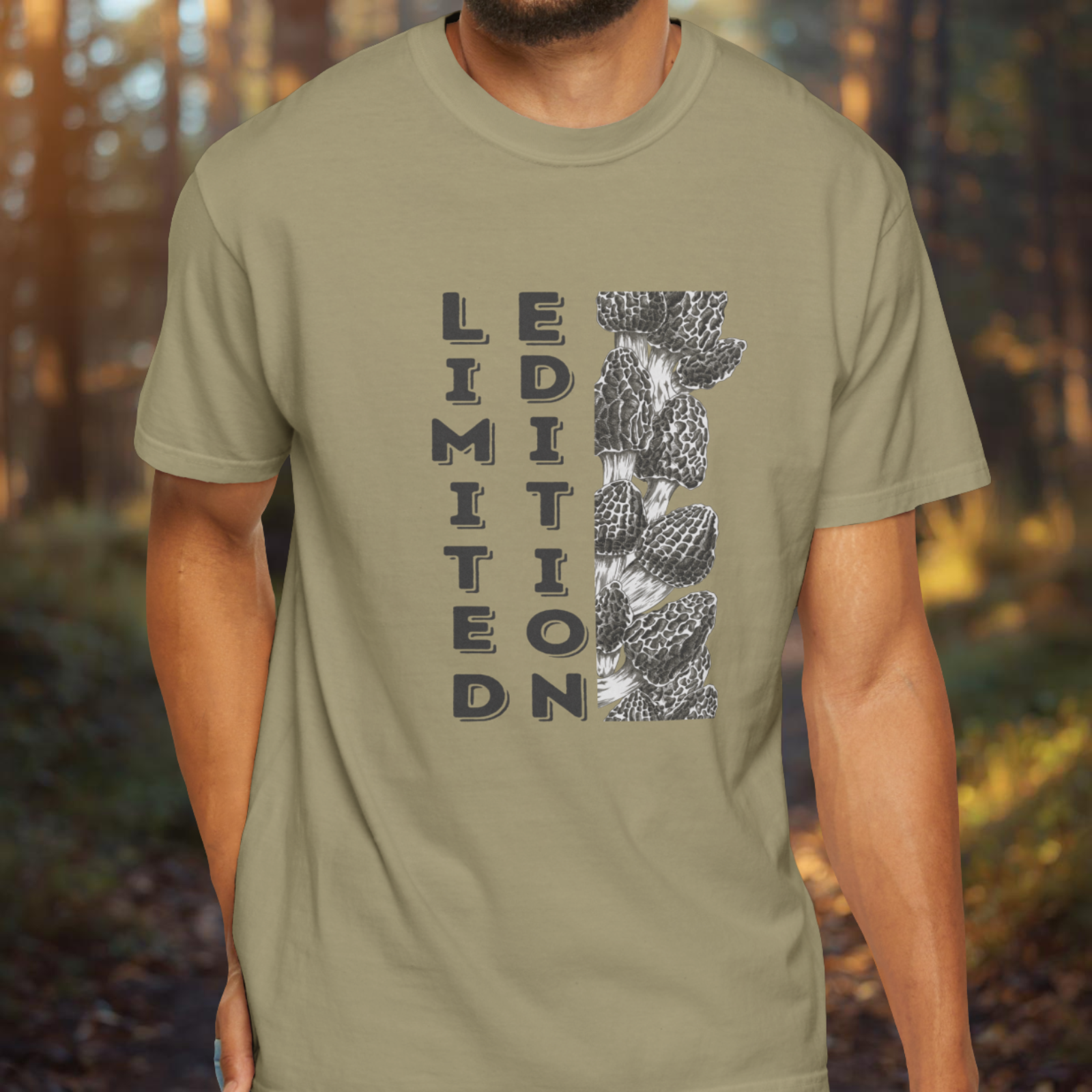 Person wearing a khaki t-shirt with a morel mushroom design and 'LIMITED EDITION' text.