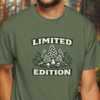 Green t-shirt with mushroom design and 'Limited Edition' text on a forest background