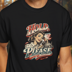Black t-shirt with vintage-style graphic of a woman on the phone and 'Hold, Please' text.