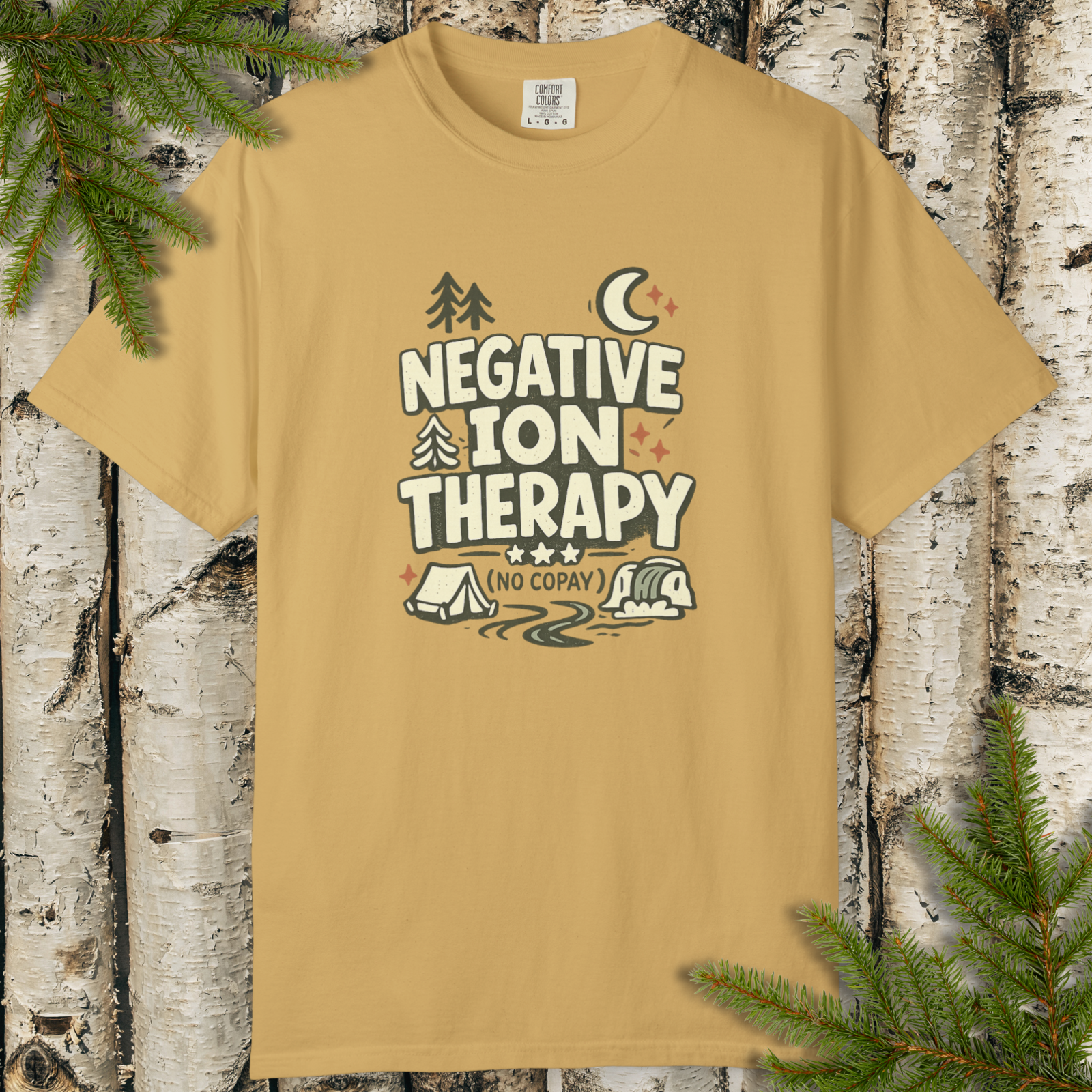 Negative Ion Therapy (No Copay) t-shirt flat lay with campfire camping graphic and bold text.