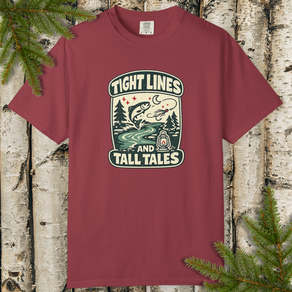 Maroon t-shirt with 'Tight Lines and Tall Tales' graphic design on a wooden background with pine branches.
