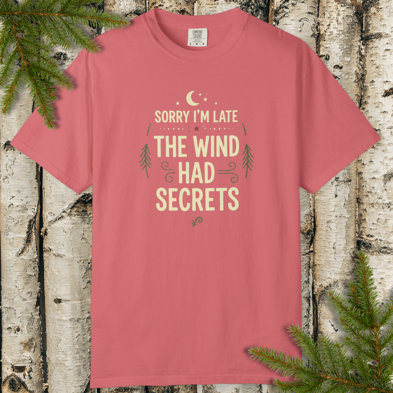 Sorry I’m Late The Wind Had Secrets vintage line art t-shirt flat lay, moon and nature quote design.