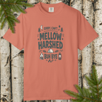 Sorry Can’t Mellow Harshed Buh Bye retro camping graphic t-shirt flat lay.