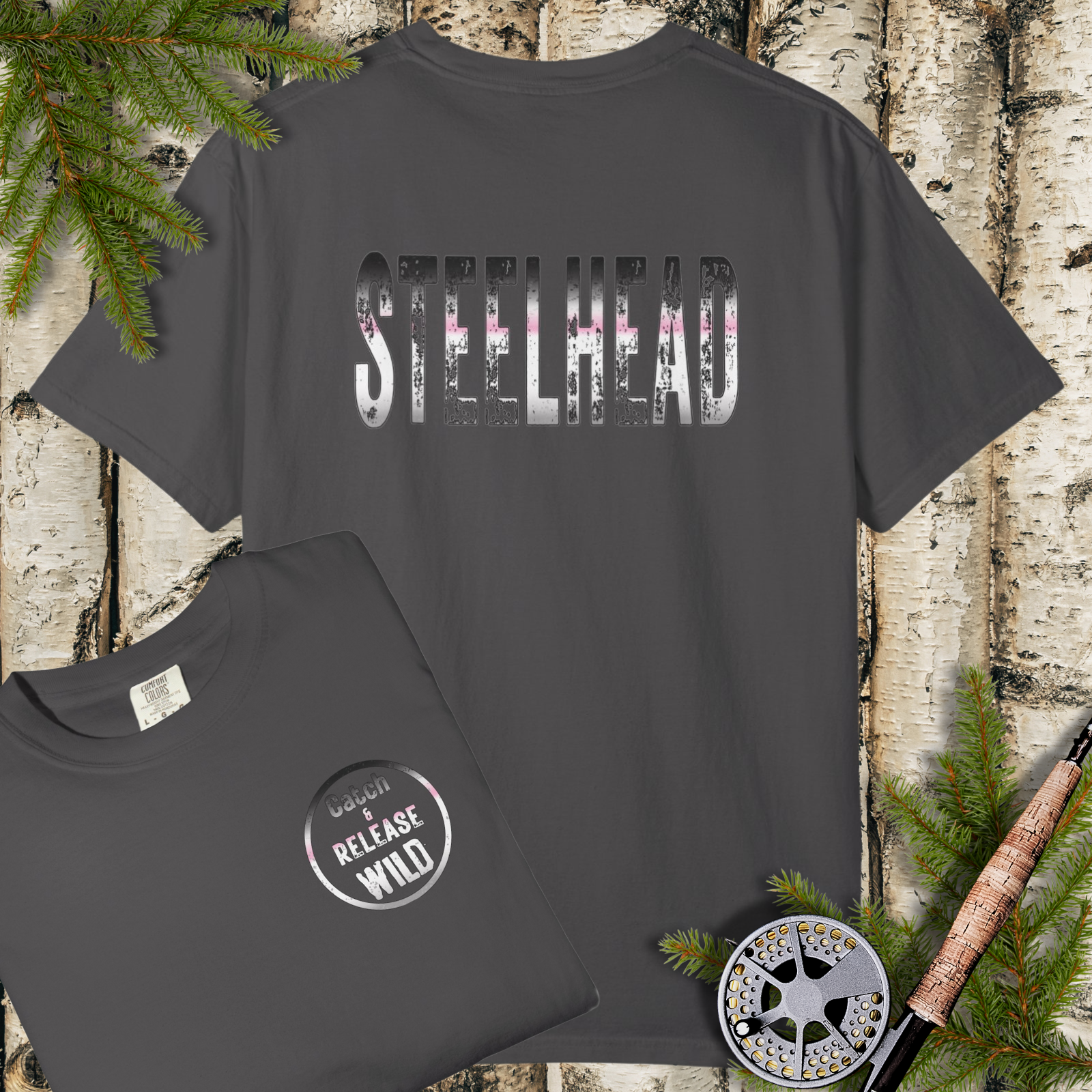 Pepperl garment-dyed t-shirt with bold “STEELHEAD” graphic and small “Catch & Release Wild” badge.