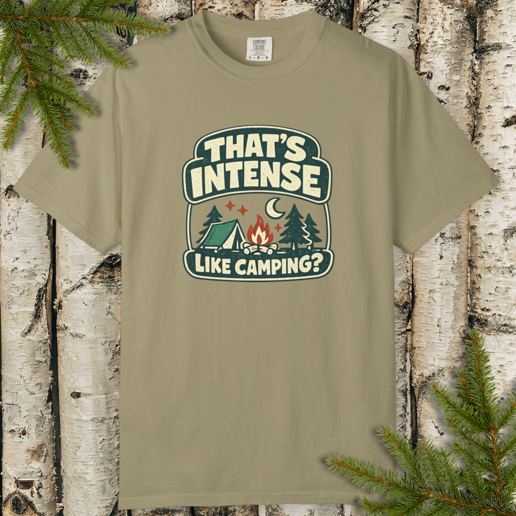 Khaki t-shirt with funny retro camping graphic reading “That’s Intense Like Camping?” with campfire and forest design