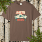 Harsh My Mellow Buh Bye retro floral graphic t-shirt flat lay on wood background
