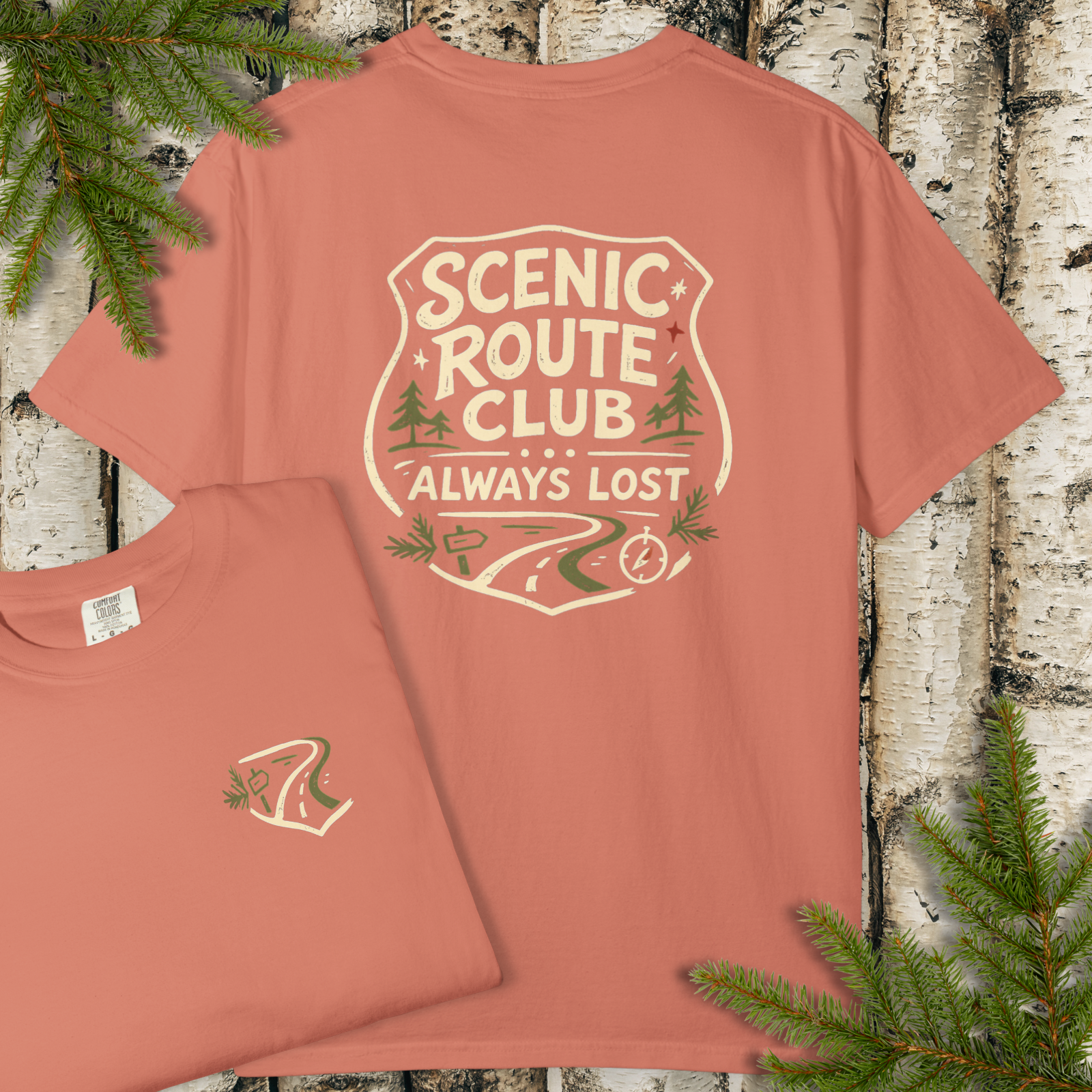 Terracotta t-shirt with Scenic Route Club Always Lost vintage road trip badge graphic