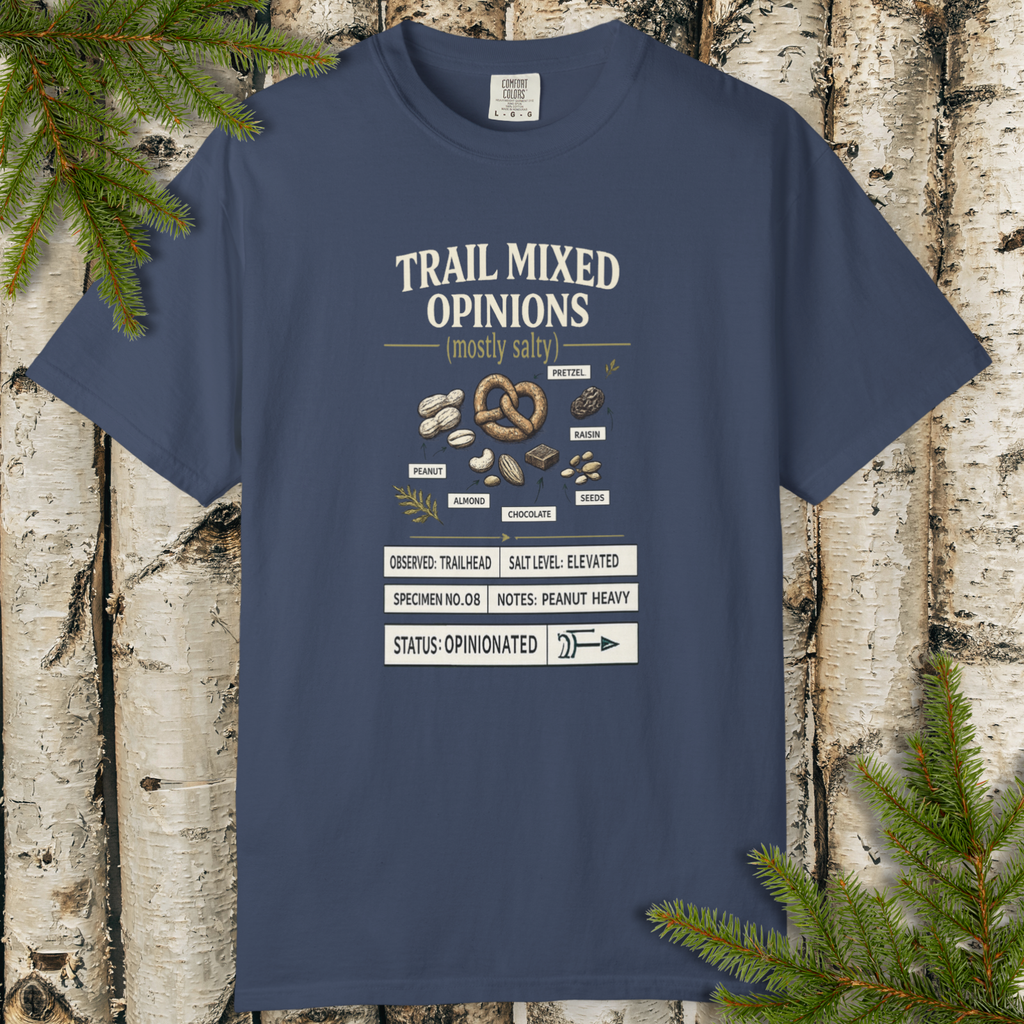 Trail Mixed Opinions field guide hiking snack graphic t-shirt flat lay on wood background.