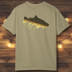 Vintage style brown trout back print on unisex khaki colored fishing t-shirt