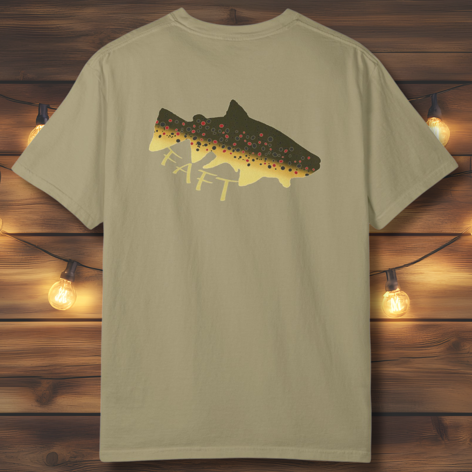 Vintage style brown trout back print on unisex khaki colored fishing t-shirt