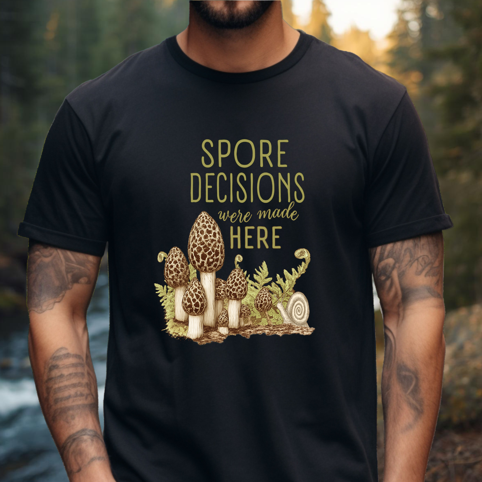 Forager wearing morel mushroom ‘Spore Decisions Were Made Here’ graphic black t-shirt