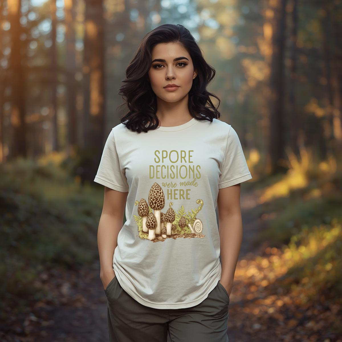 Forager wearing morel mushroom ‘Spore Decisions Were Made Here’ graphic black t-shirt