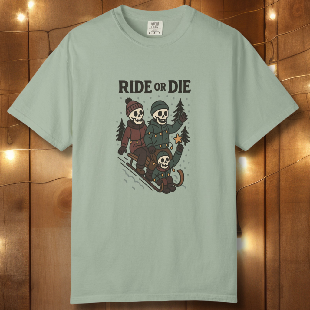 Ride or Die Skeleton Sledding Crew T-Shirt — Vintage Family Snow Day Tee