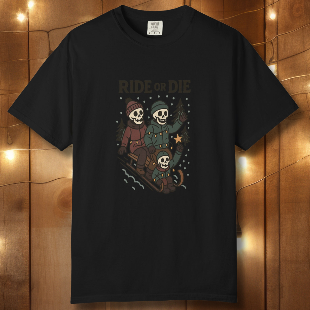 Ride or Die Skeleton Sledding Crew T-Shirt — Vintage Family Snow Day Tee
