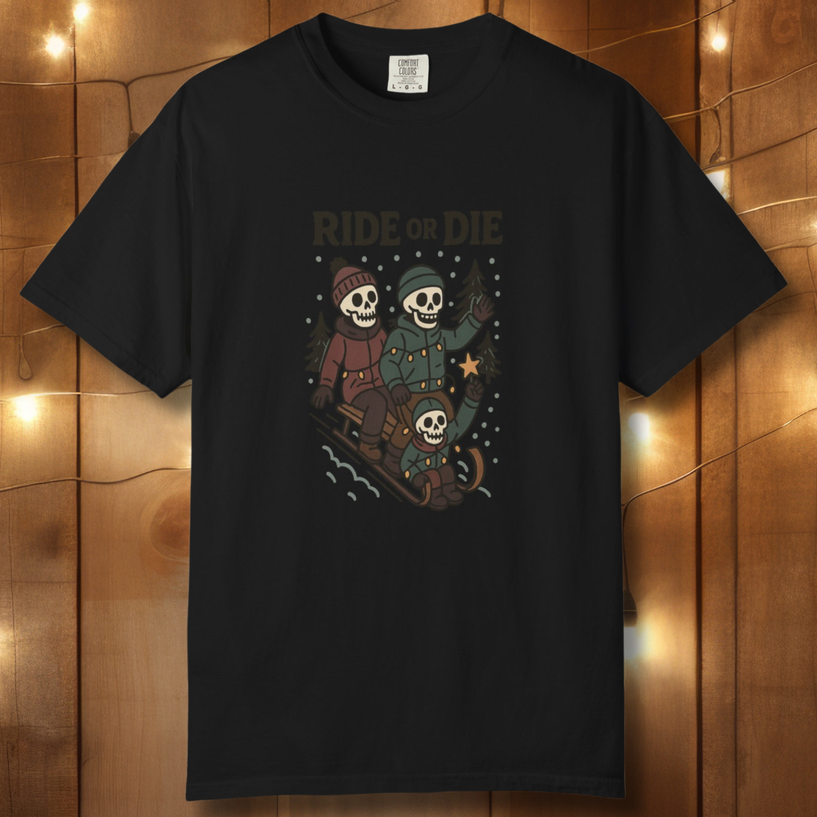 Ride or Die Skeleton Sledding Crew T-Shirt — Vintage Family Snow Day Tee